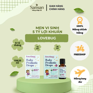 Men Vi Sinh Lovebug Probiotic Drops Organic Cho Bé 0-12 Tháng, 5 Tỷ Lợi Khuẩn + Vitamin D3, Dạng Nhỏ Giọt 10ml/20ml