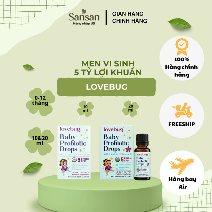 Men Vi Sinh Lovebug Probiotic Drops Organic Cho Bé 0-12 Tháng, 5 Tỷ Lợi Khuẩn + Vitamin D3, Dạng Nhỏ Giọt 10ml/20ml