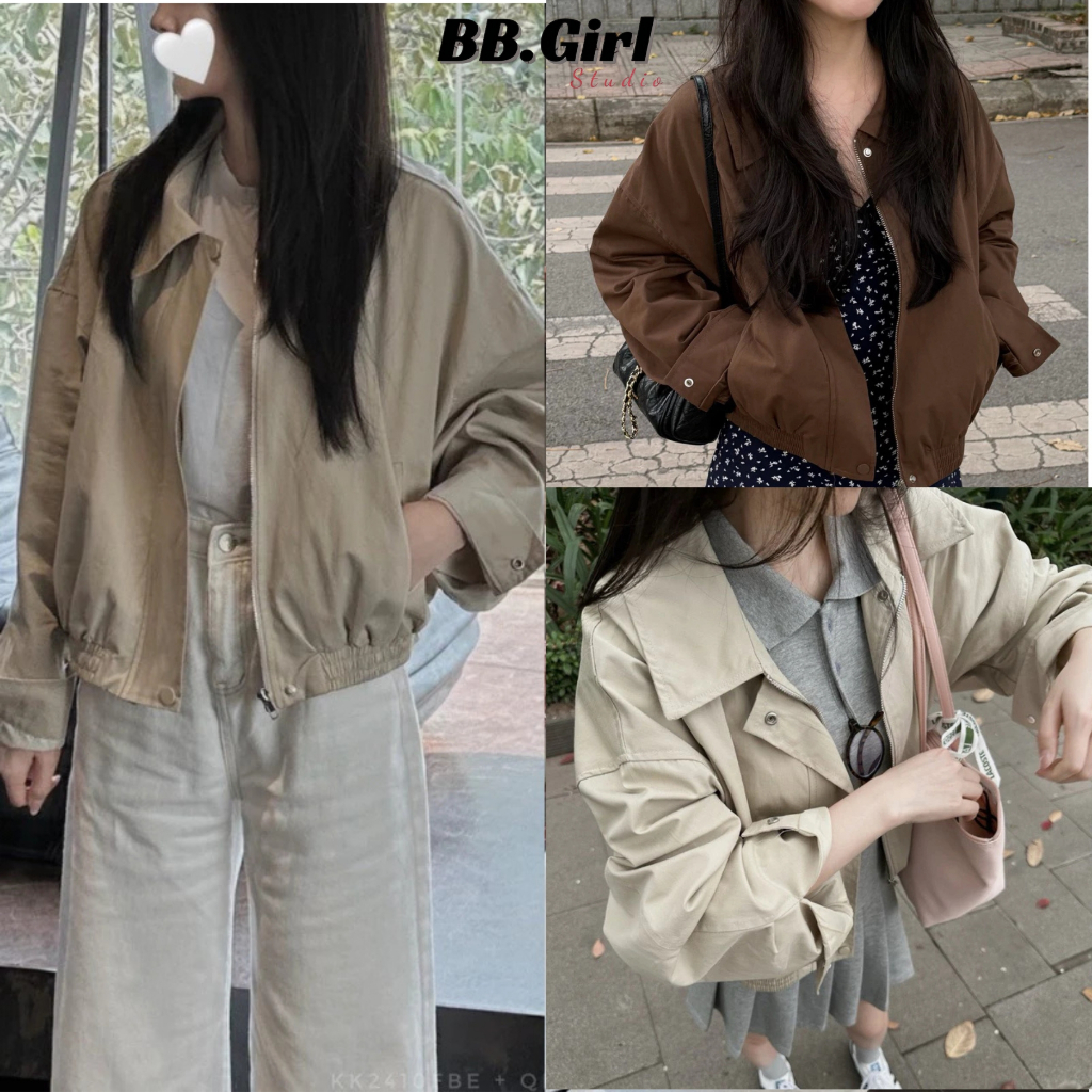 [BBGIRL] Áo khoác bomber kaki dù trơn 2 lớp cổ bẻ khóa kéo form rộng Hàn Quốc Áo khoác nữ, áo khoác bomber kaki dù TDZ