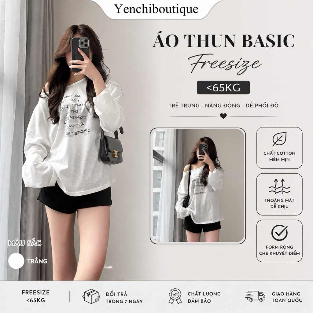 Áo thun xước lệch vai dài tay in chữ . Áo phông giấy mỏng dáng suông sexy