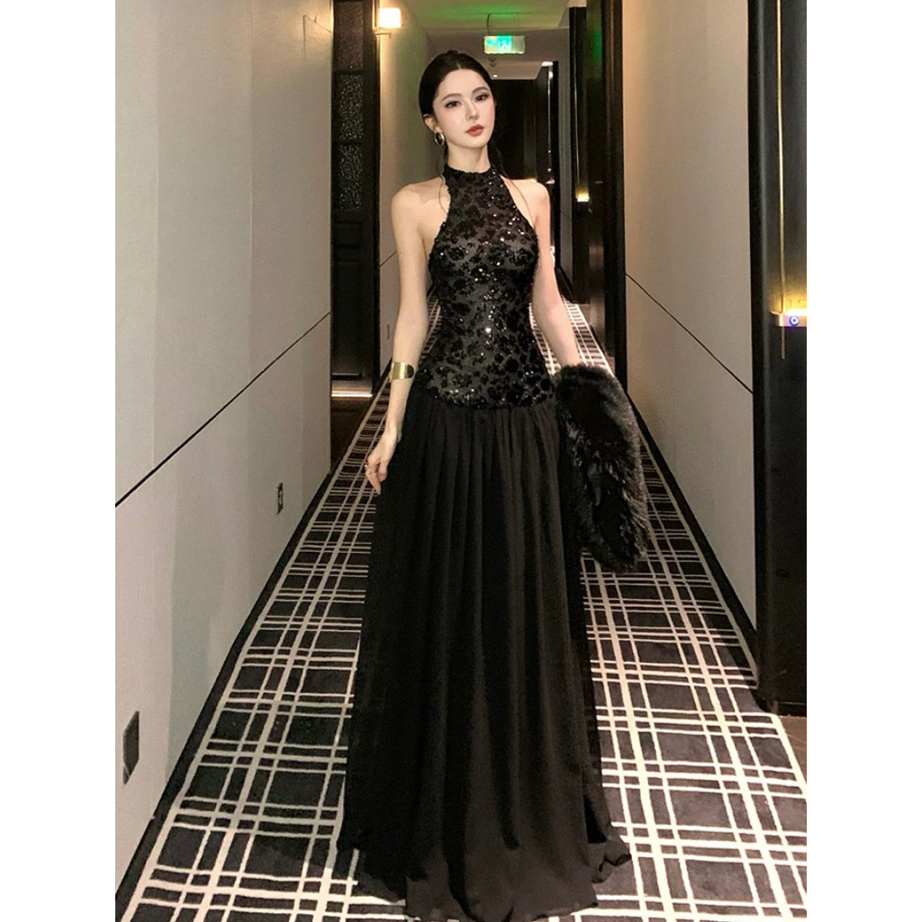 Đầm Dạ Hội Đen Cổ Yếm Sequin Dáng Dài Sang Trọng Dự Tiệc Cưới Tiệc Tối