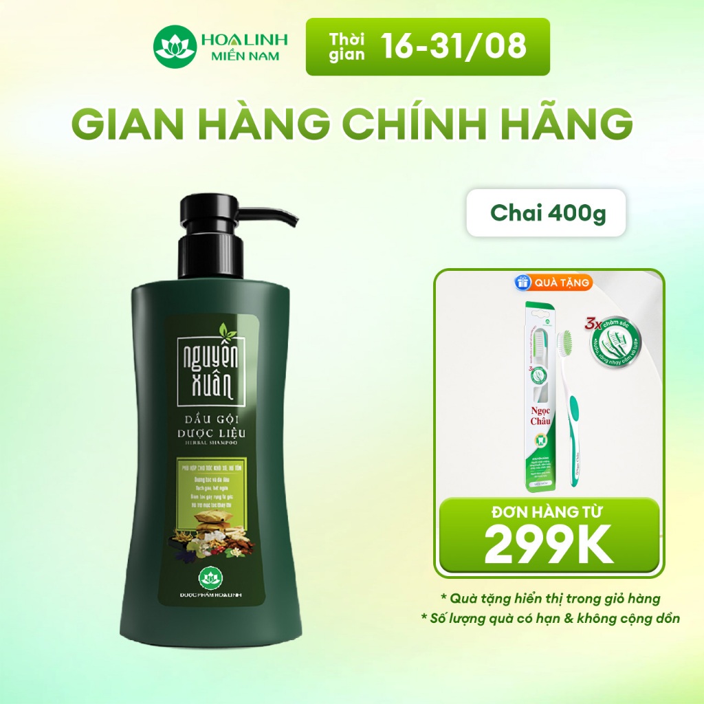 Dầu Gội Dược Liệu Nguyên Xuân Xanh Dưỡng tóc 365g KM 35g (400g) – Dành cho tóc khô xơ hư tổn