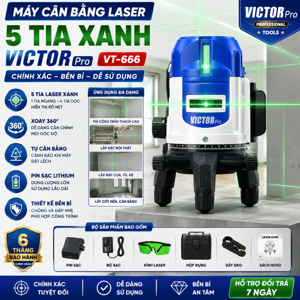 Máy Cân Bằng, Máy Laser 5 Tia Xanh Victor VT - 666 Bóng Led Siêu Sáng  Kèm 2 Pin Bảo Hành 6 Tháng