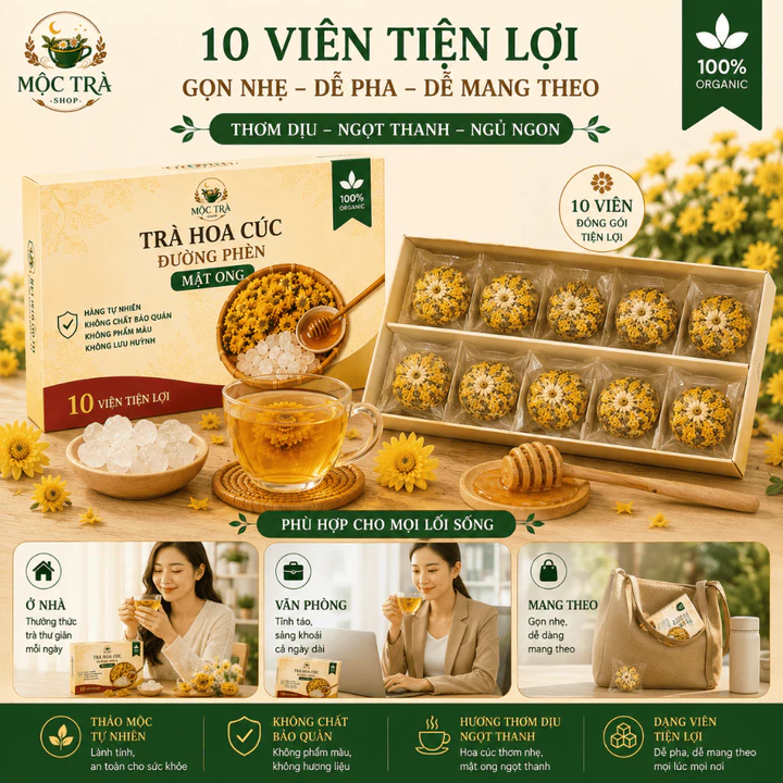 Trà Hoa Cúc Đường Phèn Mật Ong 10 Viên, Trà Viên Hoa Cúc Thảo Mộc Thanh Mát, Thơm Dịu Dễ Uống, Tiện Lợi Dễ Pha