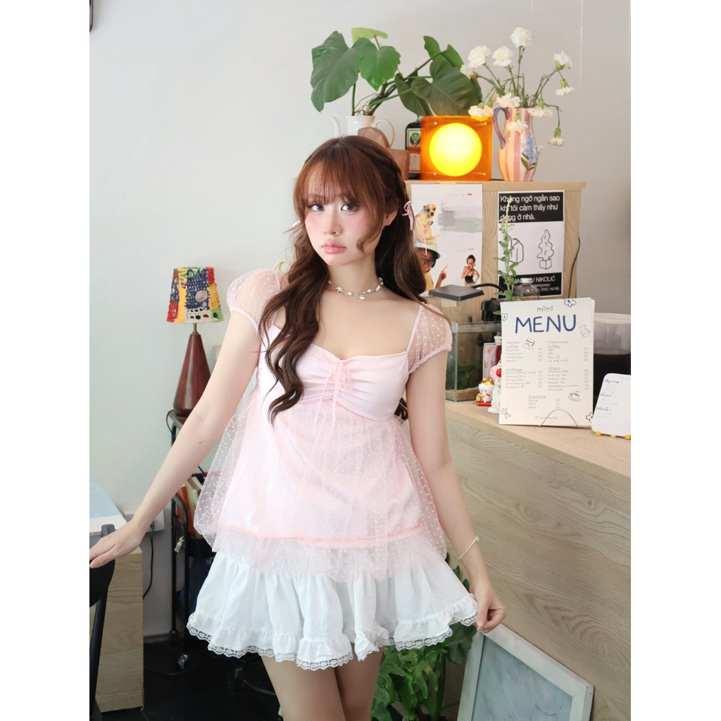 (Sẵn trừ Mint) 𝐍𝐚𝐦𝐢 𝐓𝐨𝐩 - 𝐘𝐨𝐮𝐧𝐢 | Áo Lụa Satin Phối Tơ Kiểu Bí Phồng Dễ Thương