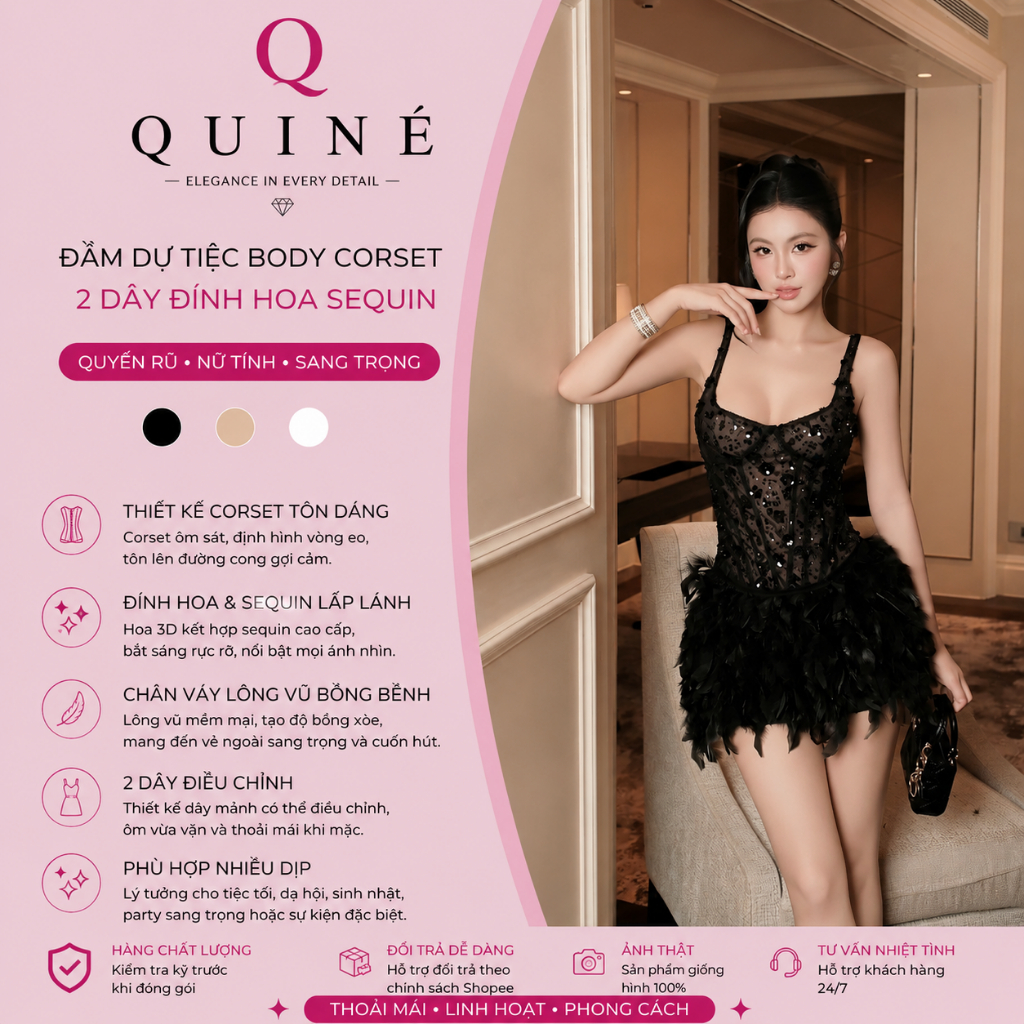 Đầm Dự Tiệc Body Corset 2 Dây Đính Hoa Sequin Chân Váy Lông Vũ – Váy Ôm Dáng Cao Cấp Sang Chảnh Quyến Rũ