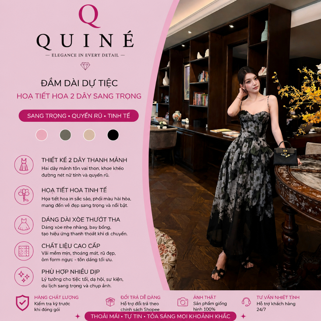 Đầm Dài Dự Tiệc Họa Tiết Hoa 2 Dây Sang Trọng Thanh Lịch – Váy Maxi Cao Cấp Tôn Dáng Nữ Tính Quyến Rũ