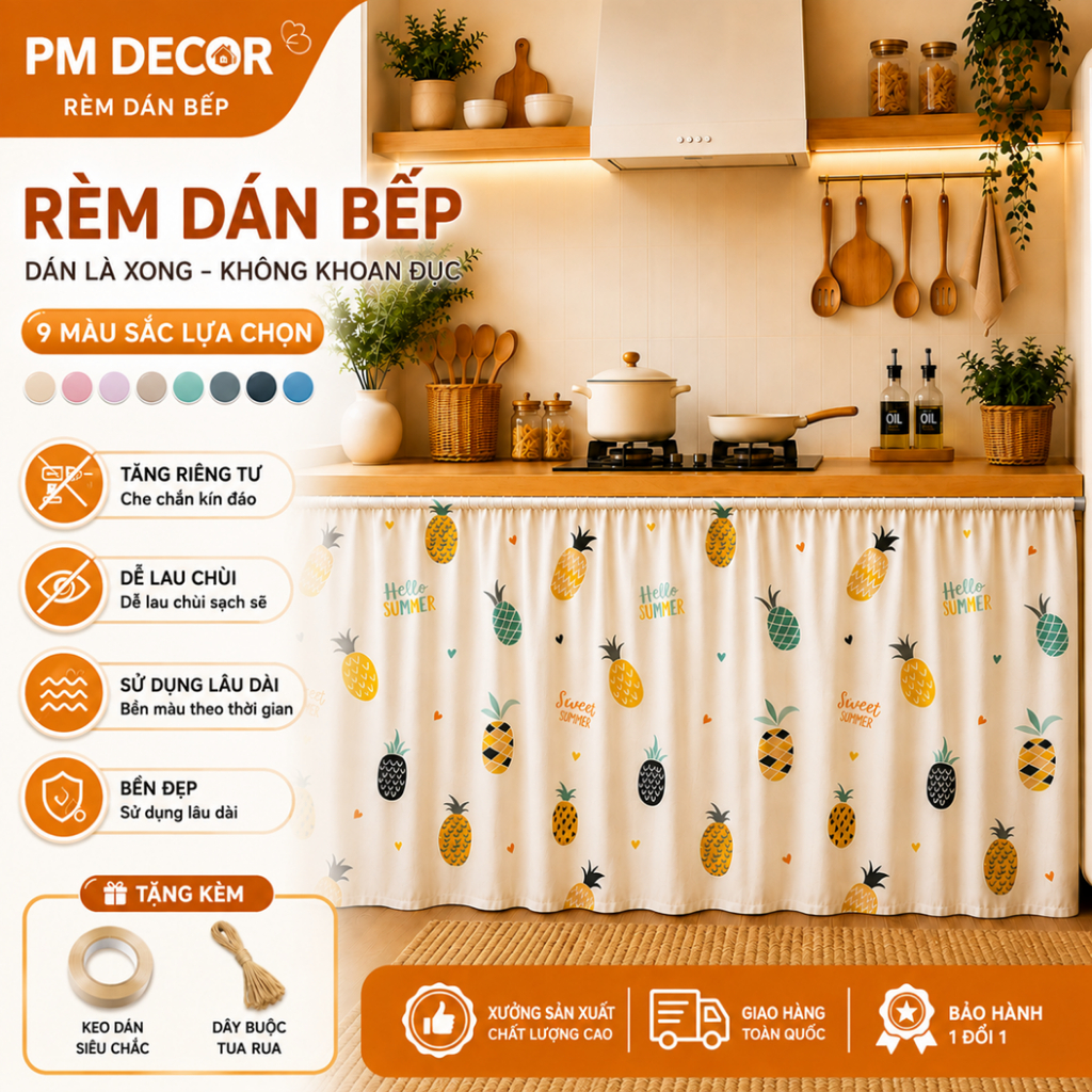 Rèm dán bếp PM-DECOR che chắn gọn gàng sạch sẽ, chống bụi tốt, kích thước đa dạng