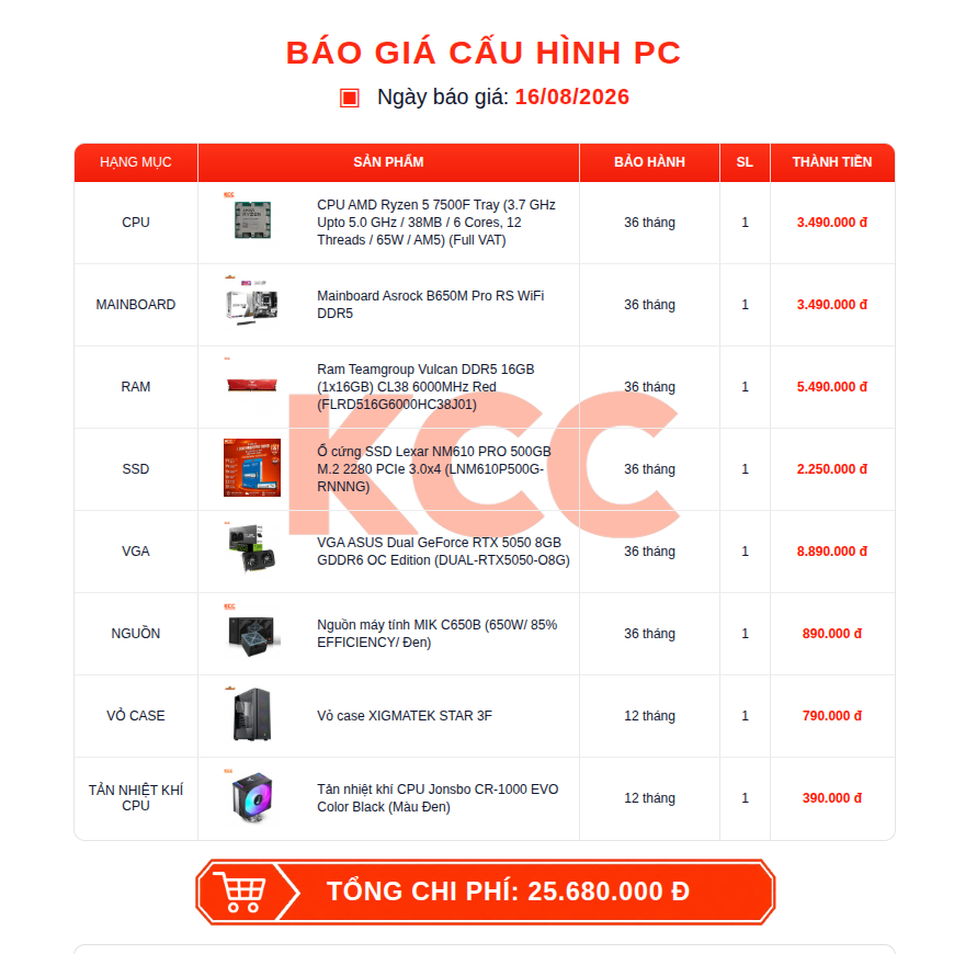 Bộ PC AMD Gaming Đồ Họa KCC RYZEN 5 7500F, R7 7800X3D - RTX 3050, 5050, 5060, 5060 Ti  - Bảo Hành 3 Năm | BigBuy360 - bigbuy360.vn