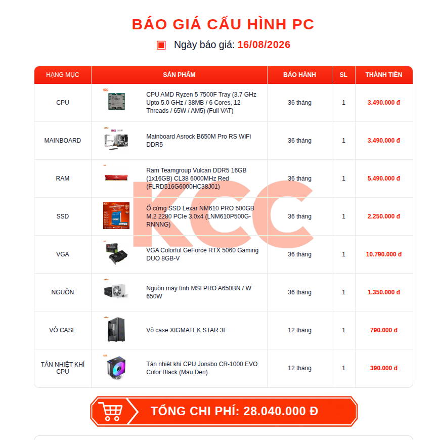 Bộ PC AMD Gaming Đồ Họa KCC RYZEN 5 7500F, R7 7800X3D - RTX 3050, 5050, 5060, 5060 Ti  - Bảo Hành 3 Năm | BigBuy360 - bigbuy360.vn