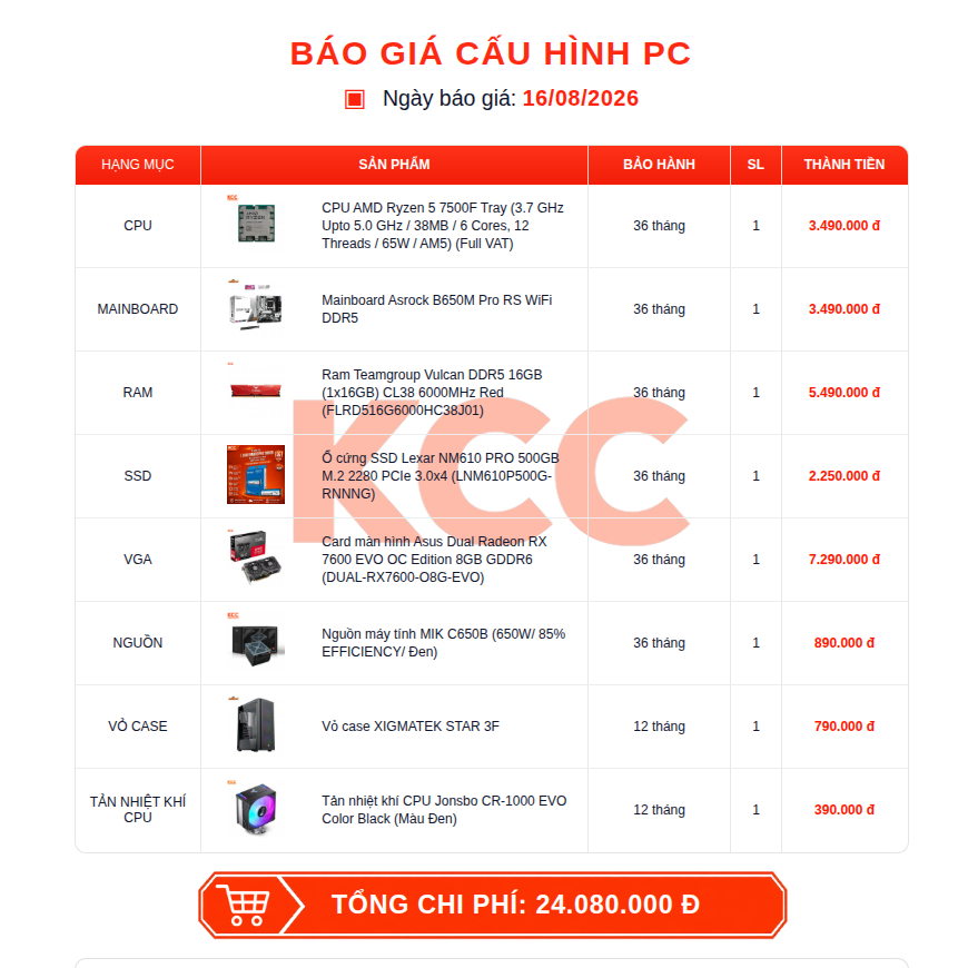Bộ PC AMD Gaming Đồ Họa KCC RYZEN 5 7500F, R7 7800X3D - RTX 3050, 5050, 5060, 5060 Ti  - Bảo Hành 3 Năm | BigBuy360 - bigbuy360.vn