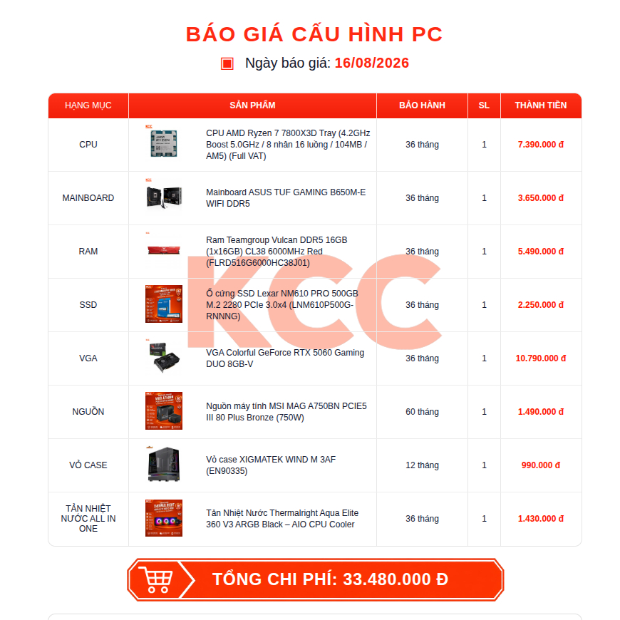 Bộ PC AMD Gaming Đồ Họa KCC RYZEN 5 7500F, R7 7800X3D - RTX 3050, 5050, 5060, 5060 Ti  - Bảo Hành 3 Năm | BigBuy360 - bigbuy360.vn