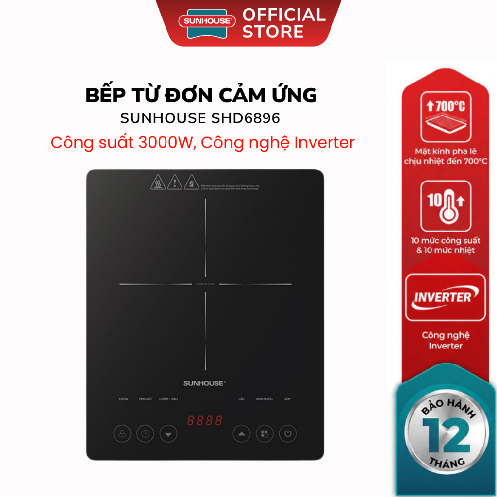 Bếp Từ Đơn Cảm Ứng Sunhouse SHD6896 - Bảo Hành 12 Tháng, Công Nghệ Inverter Nấu Chậm Liu Riu, 3000W