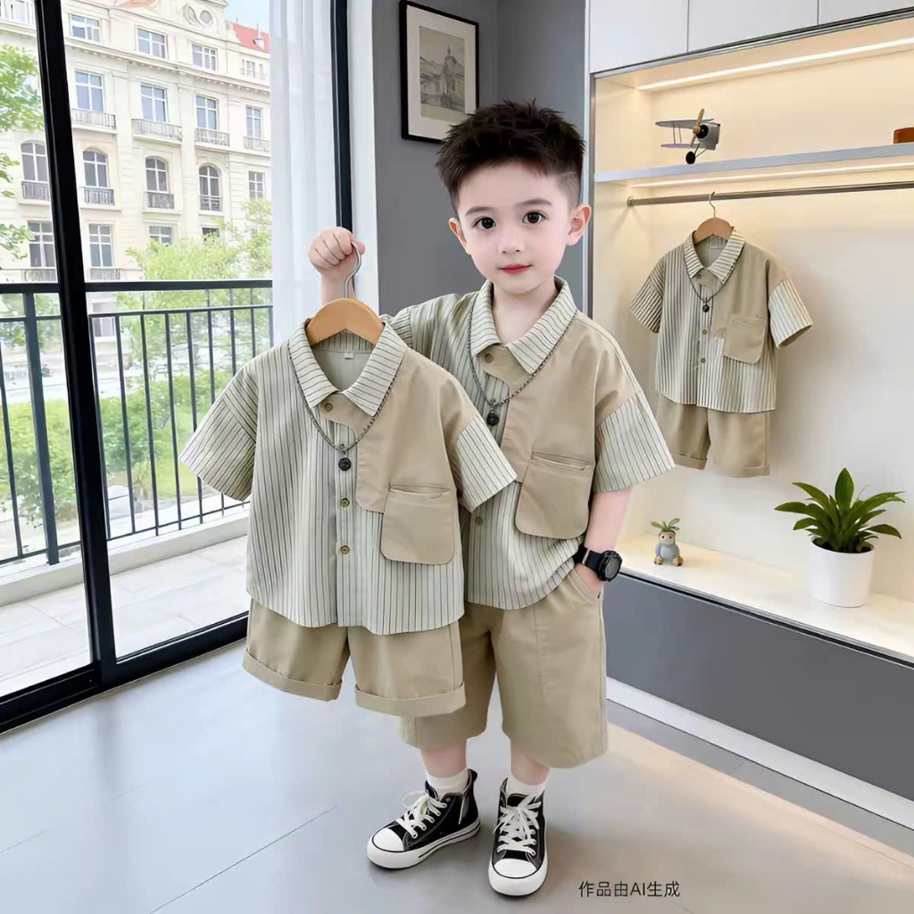 1/Set đồ sơ mi kẻ bé trai phối hoạ tiết phối quần kaki loại 1 cho bé đi ...