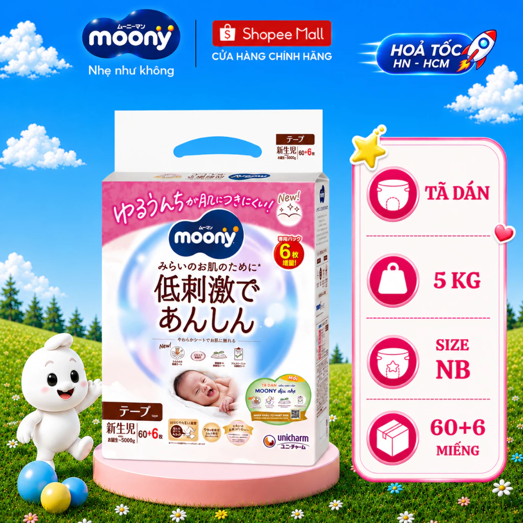 Tã dán Moony Dịu Nhẹ siêu cao cấp NB62+4/S58+2/M46/L38
