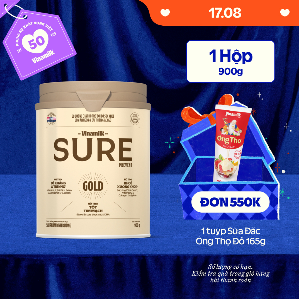 Sữa bột cho người lớn tuổi Vinamilk Sure Prevent 900g (Hộp thiếc) - bổ sung dinh dưỡng và tăng sức đề kháng | BigBuy360 - bigbuy360.vn