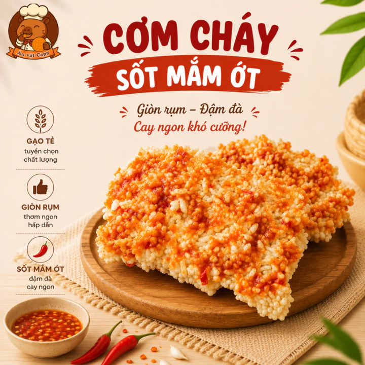 Cơm Cháy Sốt Mắm Ớt, Cơm Cháy Ăn Vặt Sốt Mắm Ớt, Cơm Cháy Ăn Vặt Giòn Xốp 1 Túi 250gr | Đồ Ăn Vặt Shop Ăn Vặt Capy