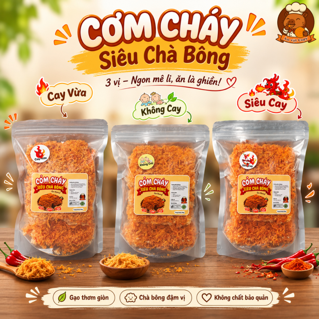 2 Túi | Cơm cháy Siêu chà bông giòn rụm  đồ ăn vặt 2 túi  | Ăn Vặt Capy
