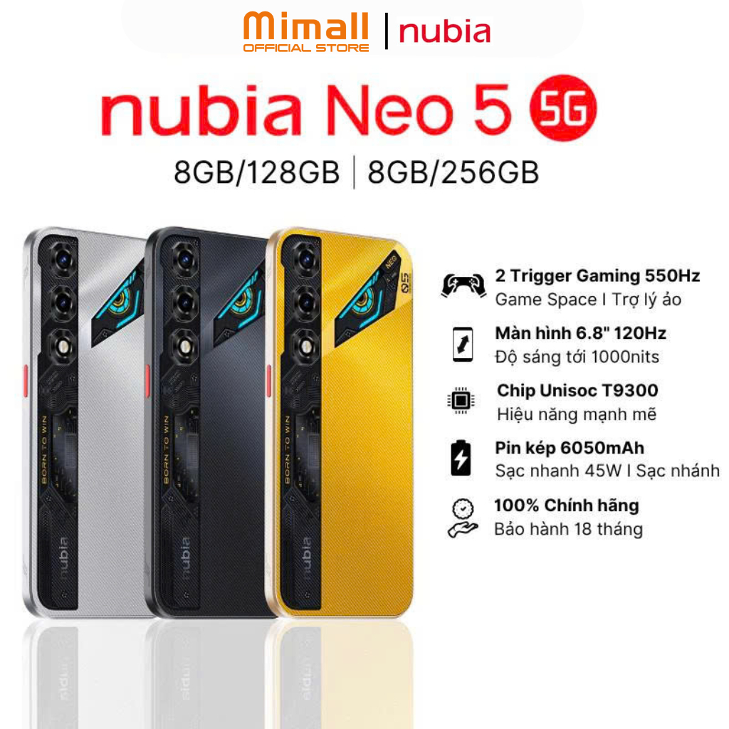 Điện thoại gaming Nubia Neo 5 5G I Chip Unisoc T9300 I Pin Kép 6050mAh sạc 45W I 2 Triggers Gaming - Bảo hành 18 tháng