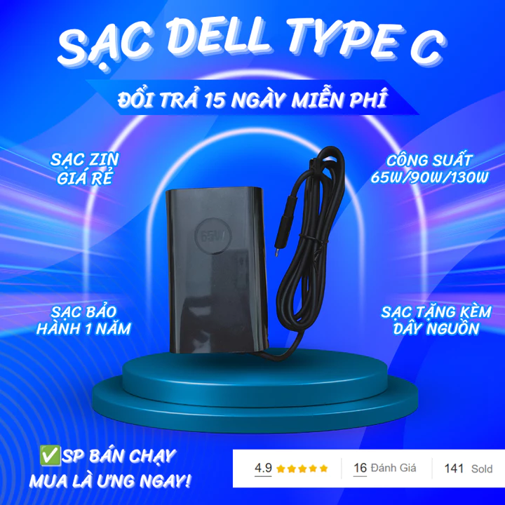 Sạc Laptop Dell Type C 65W 90Wh 130Wh Oval Sạc Laptop Dell Chân Dẹp Bảo Hành 2 Năm