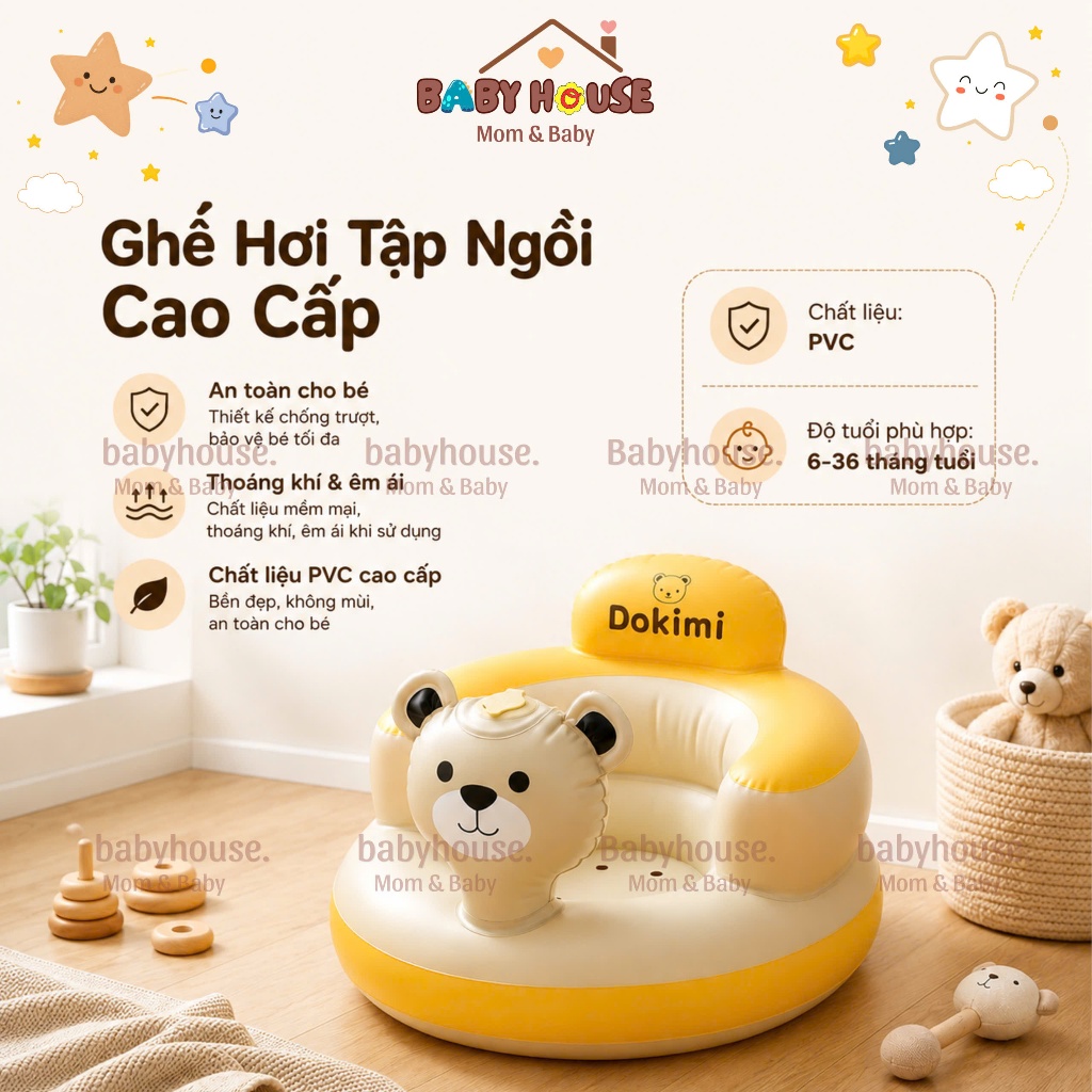Ghế Hơi Tập Ngồi Cho Bé Dokimi - Ghế Phao Tập Ngồi Dáng Gấu Cho Bé Từ 6 Tháng, Chất Liệu Nhựa PP Cao Cấp, An Toàn, Êm Ái