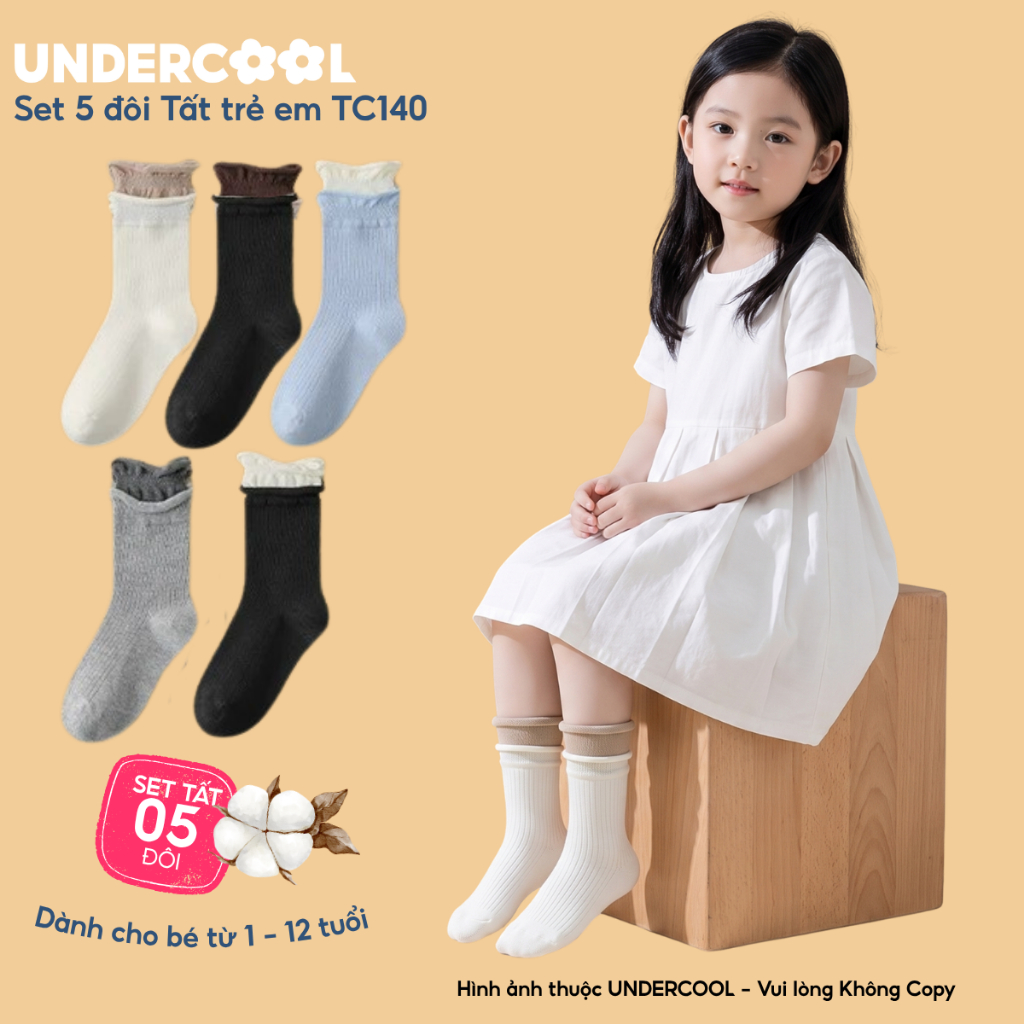 Set 5 Đôi Tất Trẻ Em UNDERCOOL Vớ Cổ Cao Cho Bé Gái 1 - 12 Tuổi Cotton Cổ Bèo Hàn Quốc - TC140-cb5