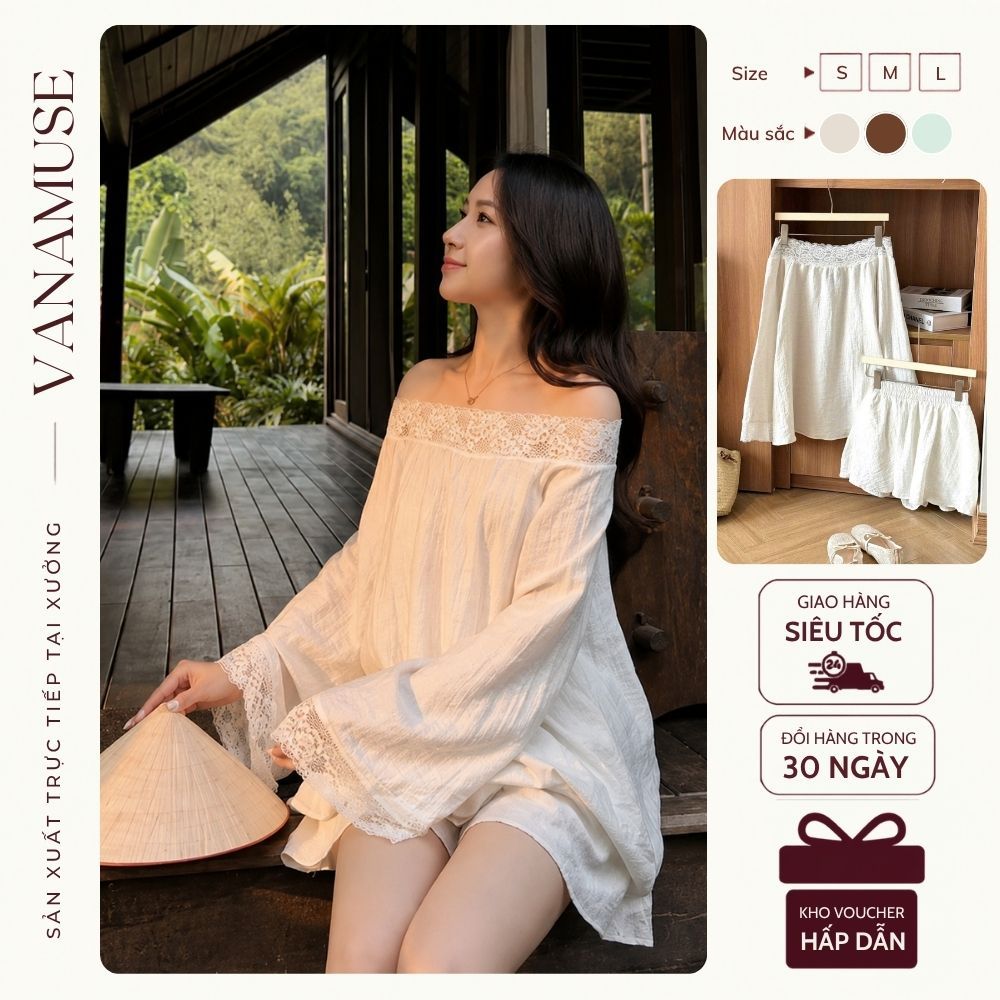 [10.10 LIVE GIẢM 20%] Set Áo Trễ Vai Mix Quần Short Phối Ren Chất Liệu Đũi Hàn Mềm Mịn Điệu Đà Tiểu Thư Vana Muse