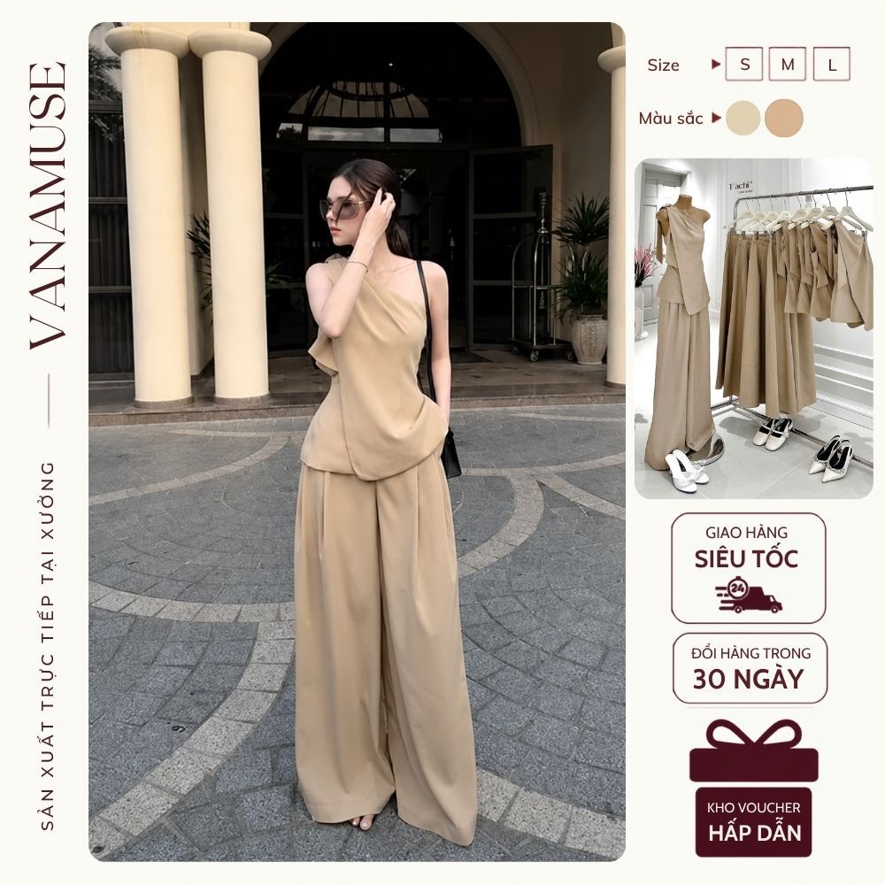 [10.10 LIVE GIẢM 20%] Set Áo Lệch Vai Xẻ Tà Phối Quần Suông Dài Chất Liệu Xước Thái Cao Cấp Mặc Đi Du Lịch, Dạo Phố Vana