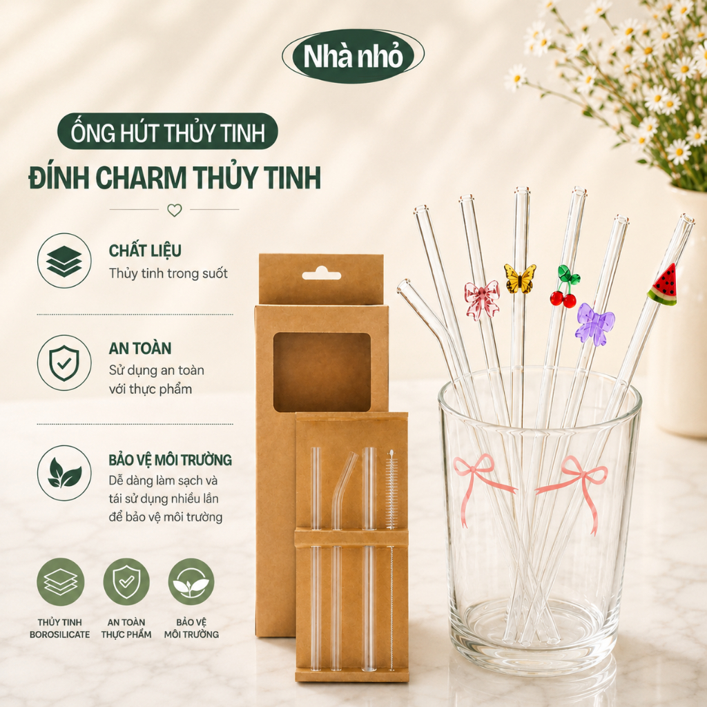 Ống hút thủy tinh đính Charm thủy tinh nơ bảo vệ môi trường