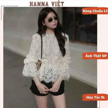 Áo Nữ, Áo Ren Nữ, Áo Ren Tay Loe Dáng Peplum Phối Voan Bèo Tiểu Thư Sang Chảnh Cao Cấp HNS Ms324