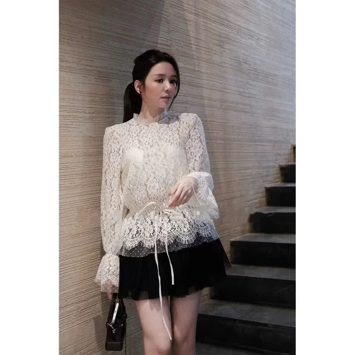 Áo Nữ, Áo Ren Nữ, Áo Ren Tay Loe Dáng Peplum Phối Voan Bèo Tiểu Thư Sang Chảnh Cao Cấp HNS Ms324