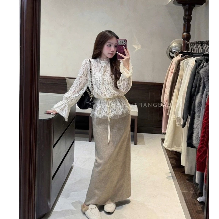 Áo Nữ, Áo Ren Nữ, Áo Ren Tay Loe Dáng Peplum Phối Voan Bèo Tiểu Thư Sang Chảnh Cao Cấp HNS Ms324