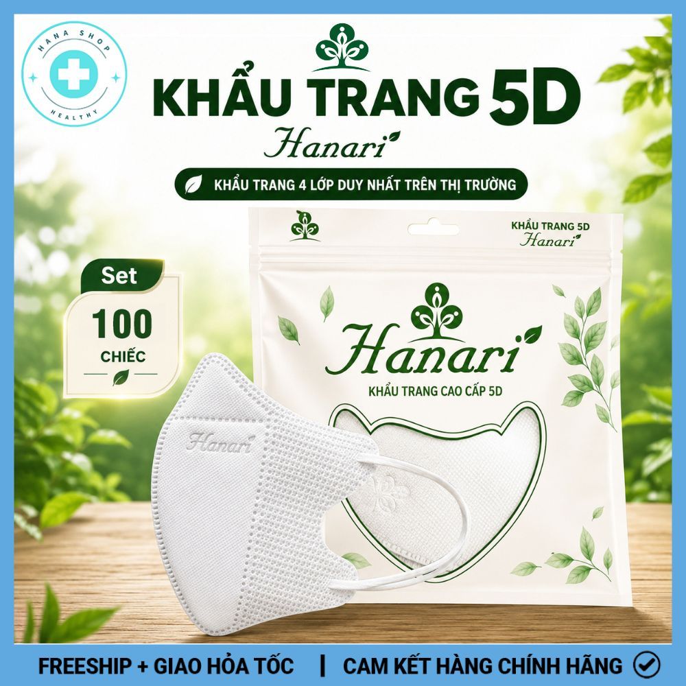 Khẩu Trang 5D HANARI 4 Lớp Dày Dặn Duy Nhất Trên Thị Trường, Kháng Khuẩn Lọc Bụi Mịn Tia UV
