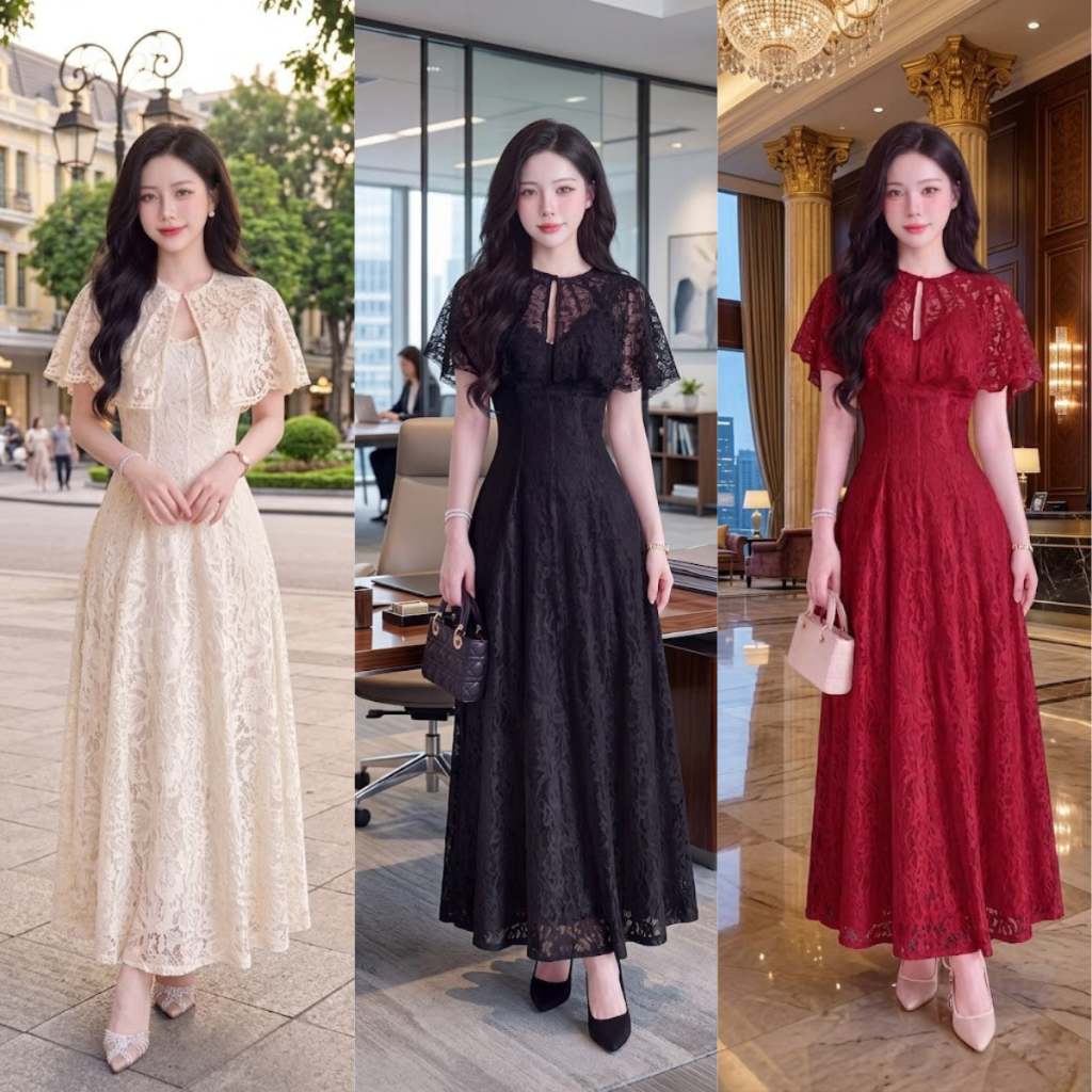 Váy Thiết Kế ADELA DESIGN Chất Ren Hoa Nổi Dáng Xòe Dài Thanh Lịch BST MDU6597