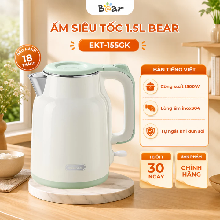 Ấm siêu tốc dung tích 1.5L Bear EKT-155GK, Cs 1500W, Đun nước sôi nhanh tự động ngắt, BH 18 Tháng