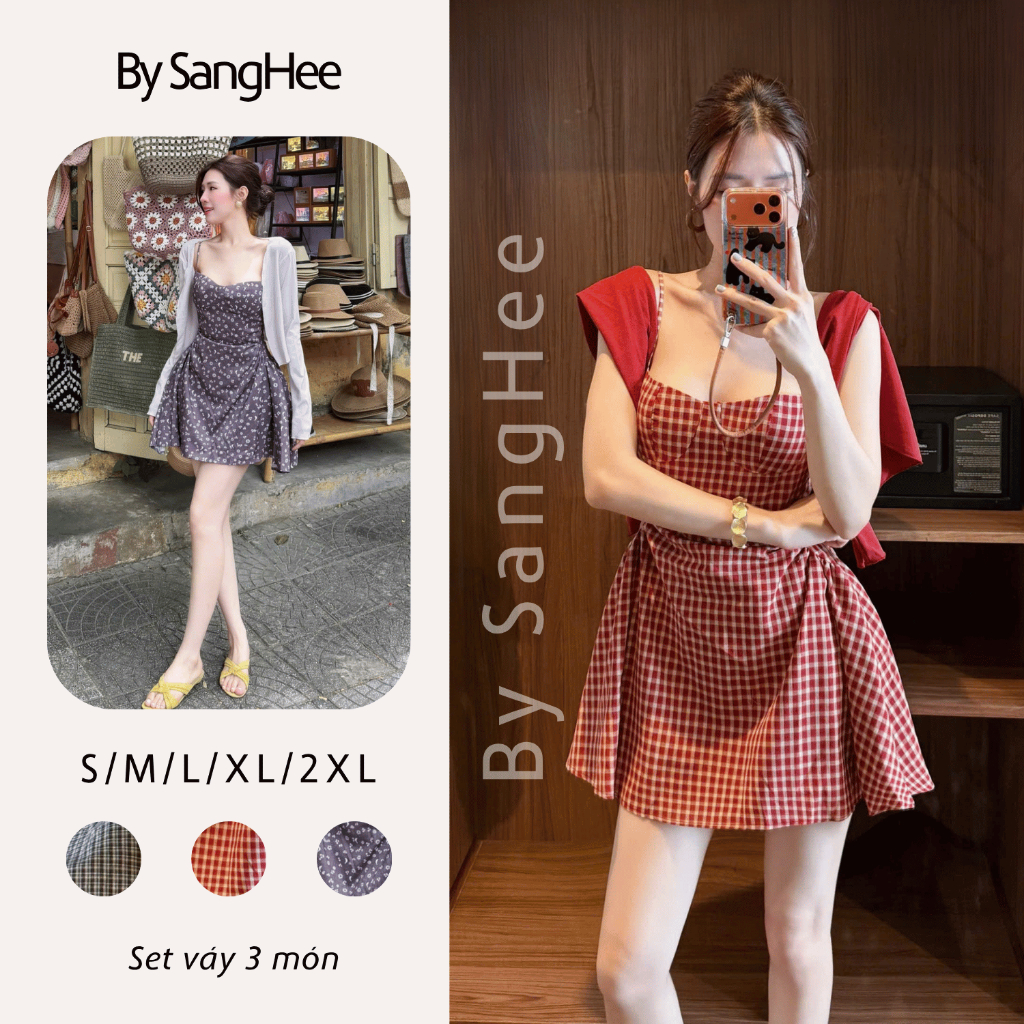Set Váy 2 Dây Caro/Hoa Nhí , Kèm Cardigan Mỏng Nữ Dáng Xòe, Váy 2 Dây Dáng Xòe Hàn Quốc Kèm Áo Khoác Cardiga
