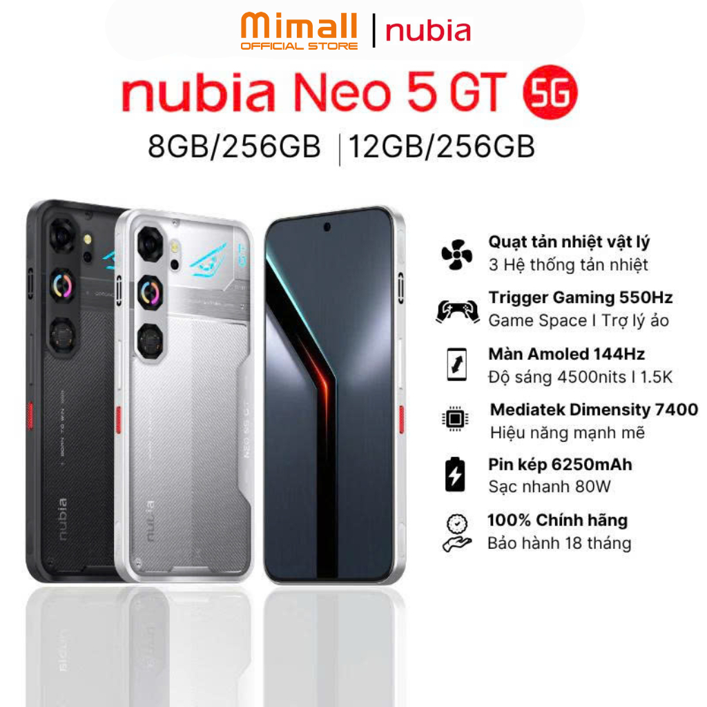 Điện thoại gaming Nubia Neo 5 GT I Màn AMOLED 144Hz I 3 Công Nghệ Tản Nhiệt I Pin 6210mAh sạc 80W - Bảo hành 18 tháng
