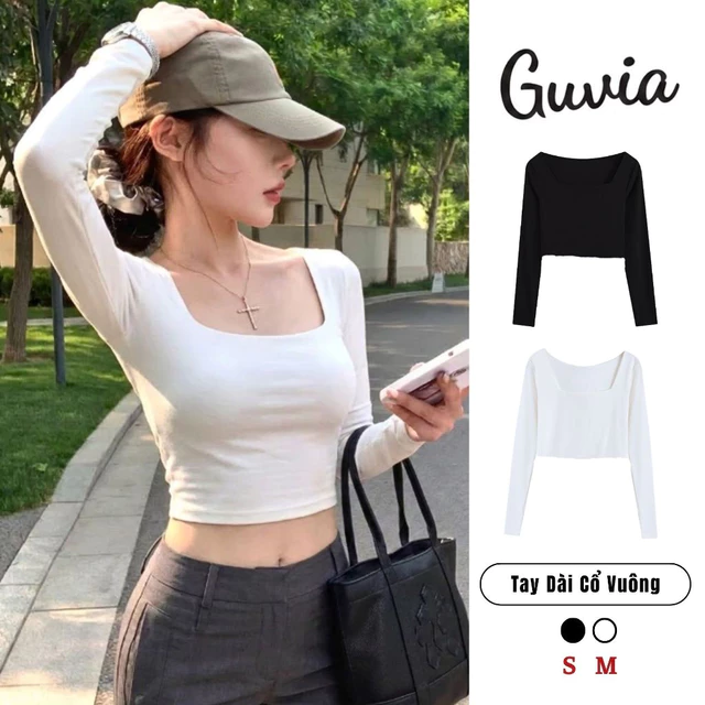 Áo Croptop Nữ Cổ Vuông Tay Dài Ôm Body Co Giãn Tốt, Áo Croptop Tay Dài Cổ Vuông Thun Borip GUVIA CR24