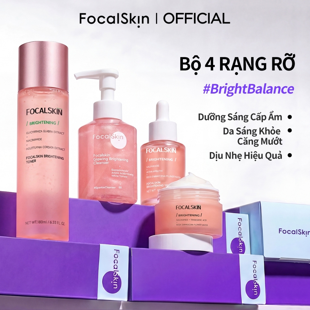 FOCALSKIN BỘ TỨ SRM + Toner + Serum + Kem Dưỡng Sáng VC Niacinamide B3 α Arbutin Giảm Thâm Mụn Nám