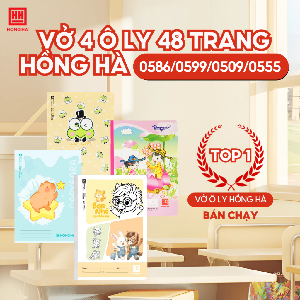 Combo 10 Vở Ô Ly Hồng Hà 48 trang, Vở 4 Ô Ly 70/100gsm Dành Cho Học Sinh Tiểu Học