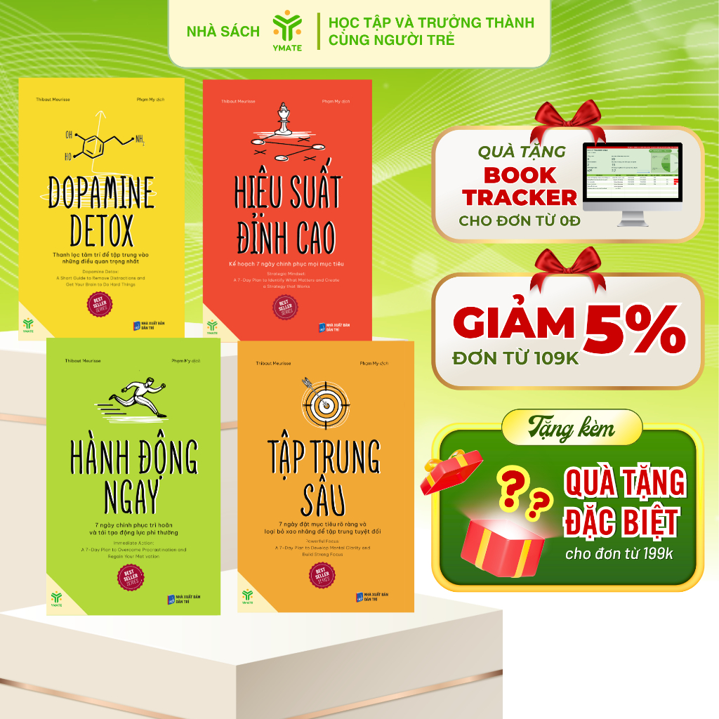 [ Combo 4 cuốn] Sách Dopamine Detox + Tập Trung Sâu + Hiệu Suất Đỉnh Cao + Hành Động Ngay - Bộ Sách Hiệu Suất -YMATE