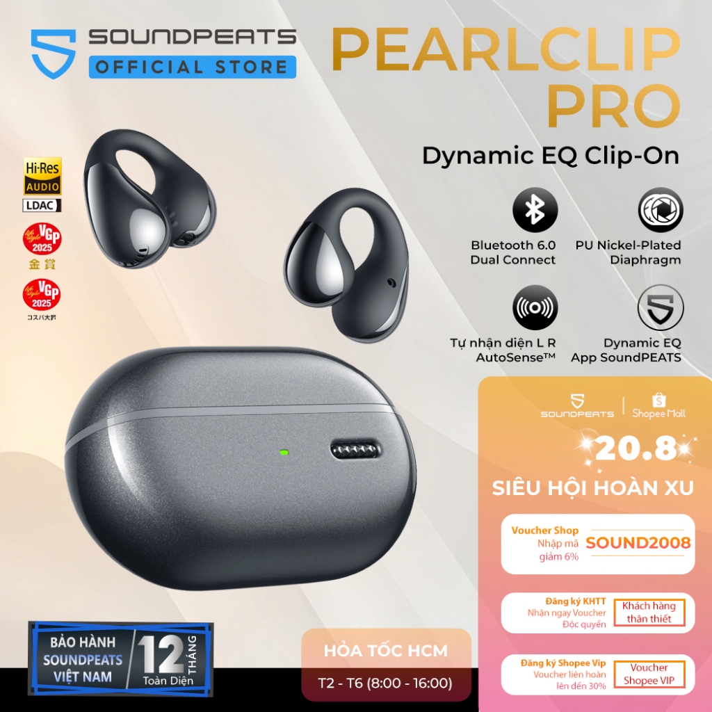 Tai Nghe True Wireless SoundPEATS PearlClip Pro | Driver PU Nickel-Plated Diaphragm | Bluetooth 6.0 | BigBuy360 - bigbuy360.vn
