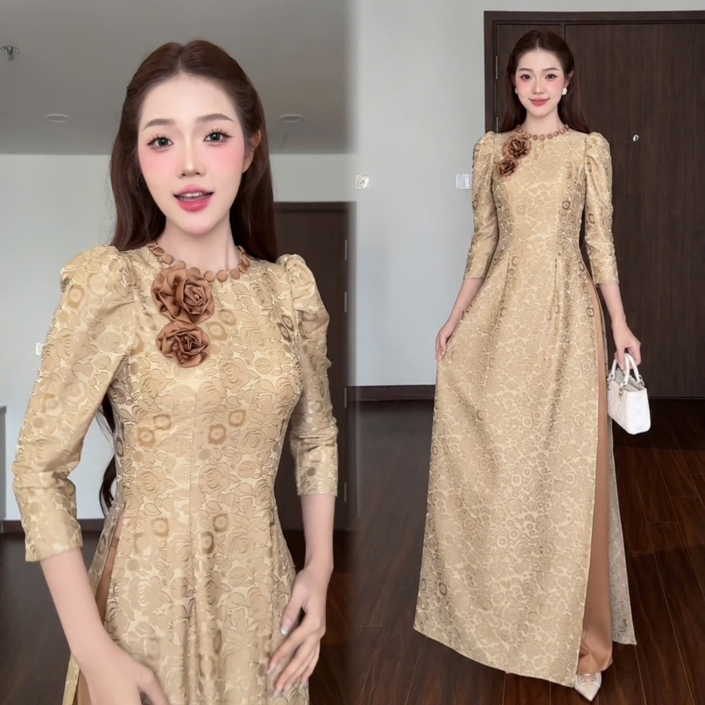 Áo dài gấm Minh Châu cổ tròn phối cúc kết hoa nổi dáng ôm tay bồng ngắn trẻ trung mỏng nhẹ mát không nhắn MÃ TK211 | BigBuy360 - bigbuy360.vn