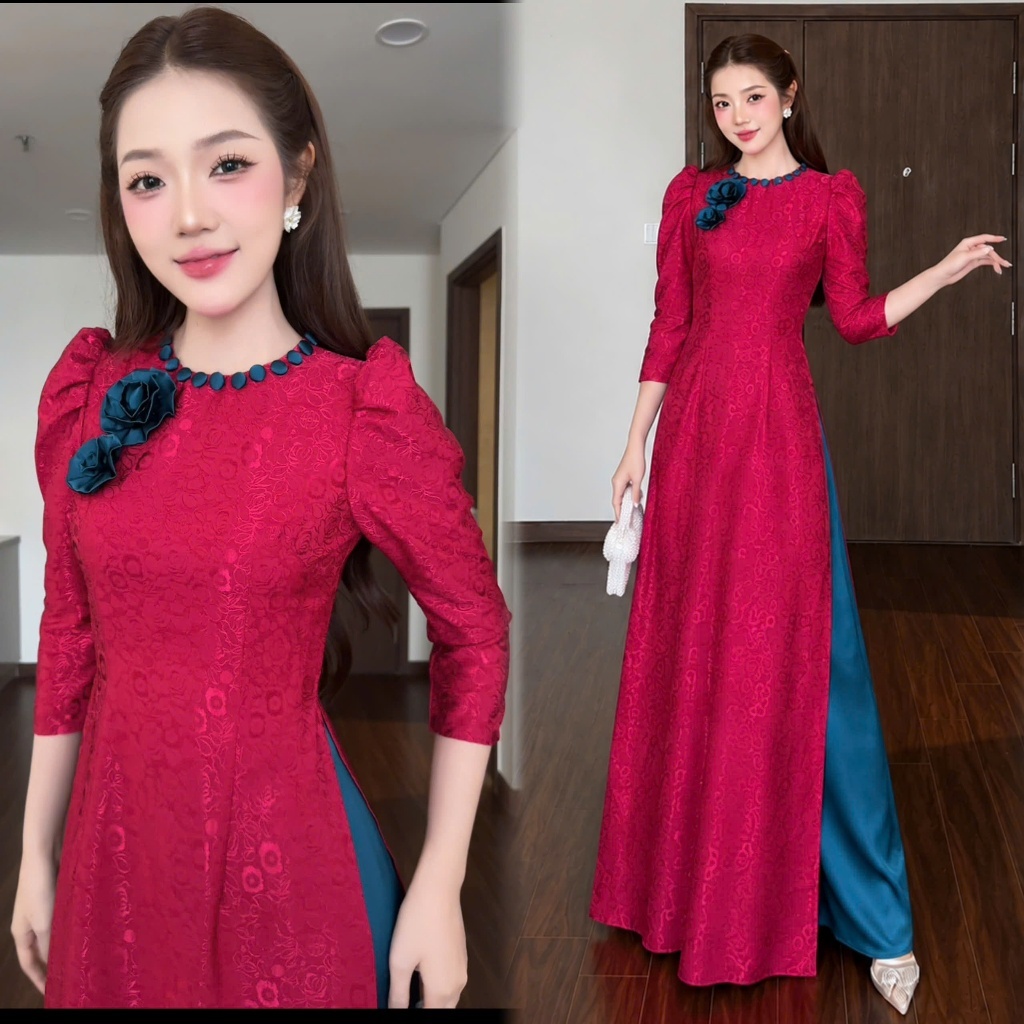 Áo dài gấm Minh Châu cổ tròn phối cúc kết hoa nổi dáng ôm tay bồng ngắn trẻ trung mỏng nhẹ mát không nhắn MÃ TK211 | BigBuy360 - bigbuy360.vn