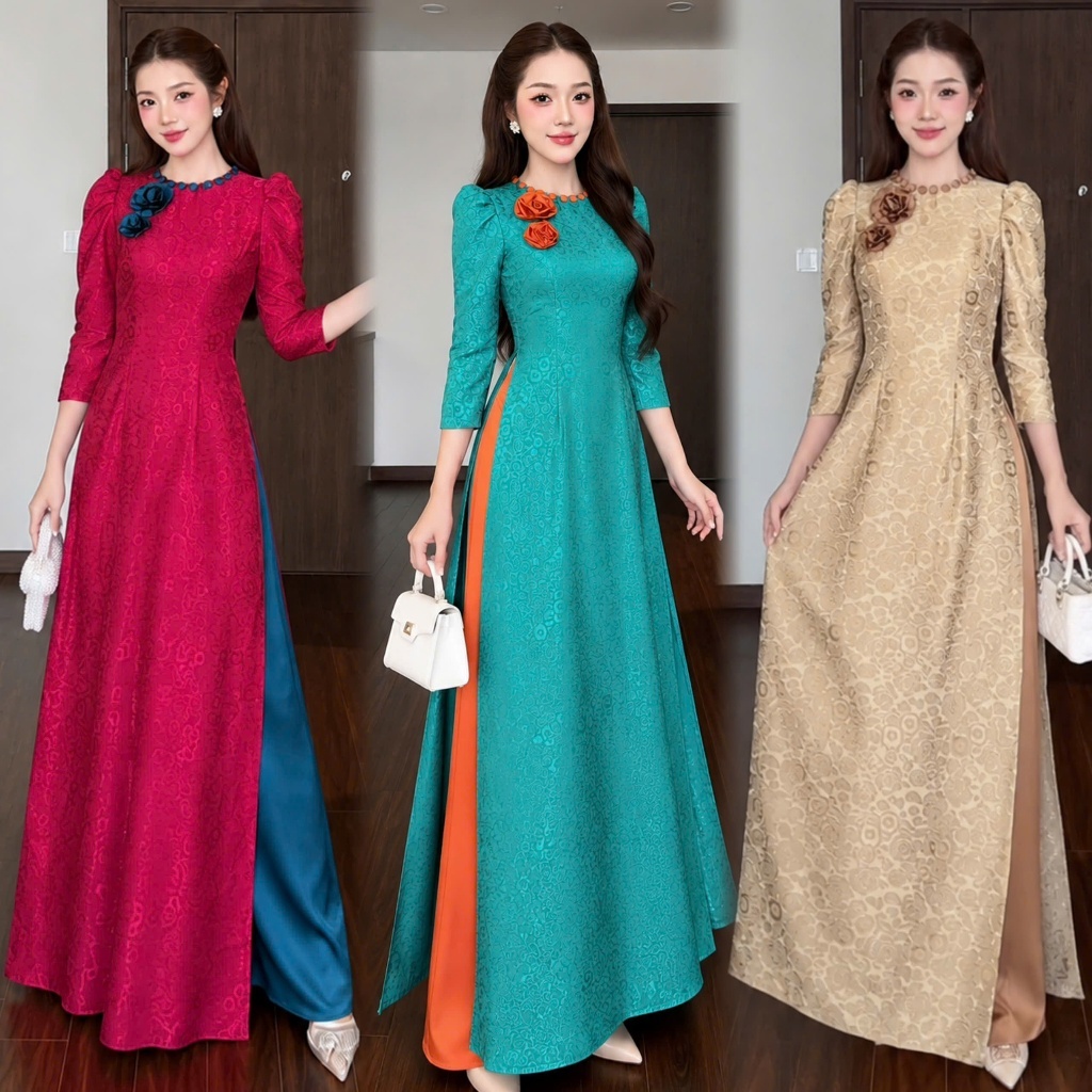 Áo dài gấm Minh Châu cổ tròn phối cúc kết hoa nổi dáng ôm tay bồng ngắn trẻ trung mỏng nhẹ mát không nhắn MÃ TK211 | BigBuy360 - bigbuy360.vn