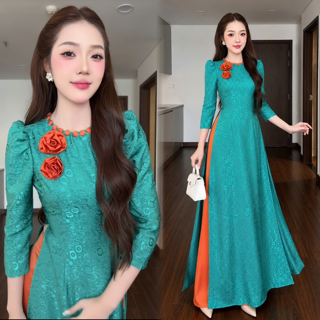 Áo dài gấm Minh Châu cổ tròn phối cúc kết hoa nổi dáng ôm tay bồng ngắn trẻ trung mỏng nhẹ mát không nhắn MÃ TK211 | BigBuy360 - bigbuy360.vn