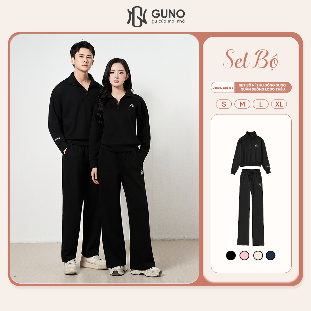 Bộ Quần Áo Nam Nữ GUNO Nỉ Modal Cao Cấp Kéo Khoá Cổ Kèm Quần Suông Logo Thêu SP5 26BG178/26BB183