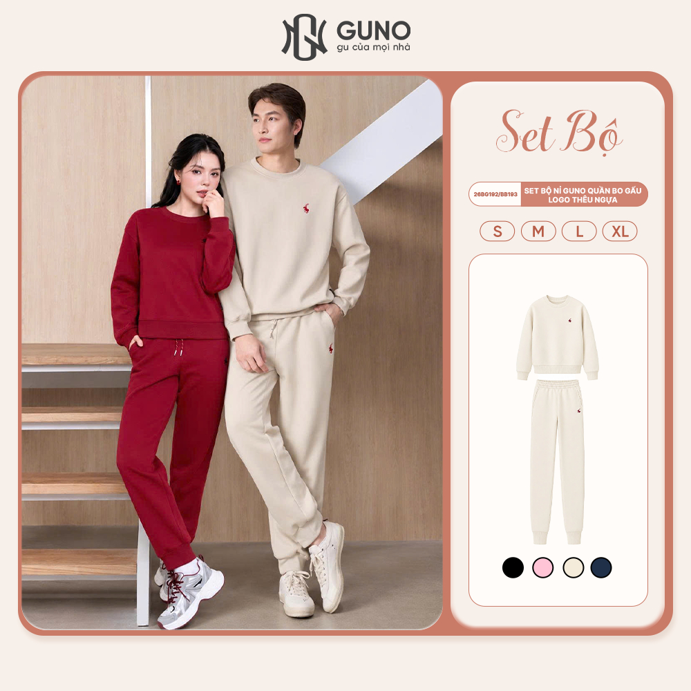 Bộ Quần Áo Nỉ Nam Nữ GUNO Cổ Tròn Thêu Ngựa Quần Bo Gấu Set Bộ Thu Đông Thời Trang SP5 26BG192/BB193