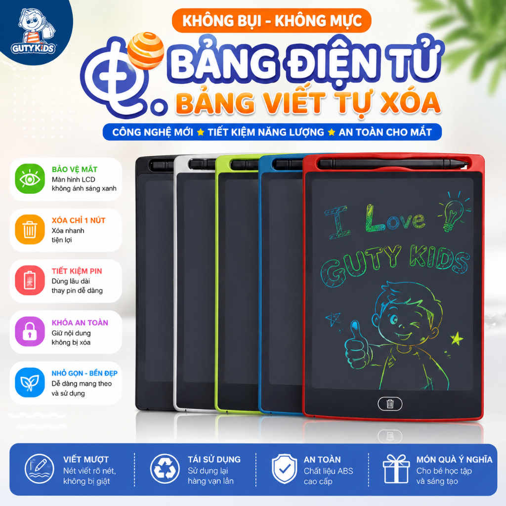 Bảng Viết LCD GutyKids Tự Xóa 15inch Cho Bé Tập Vẽ, Bảng Viết Thông Minh Tiết Kim Pin, Bảng Vẽ Điện Tử Xóa 1 Nút