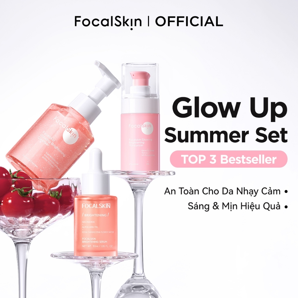 FOCALSKIN Combo Sữa Rửa Mặt 115g + Serum 30ml + Glowing Brightening Cream 35g Sáng Da Mờ Thâm
